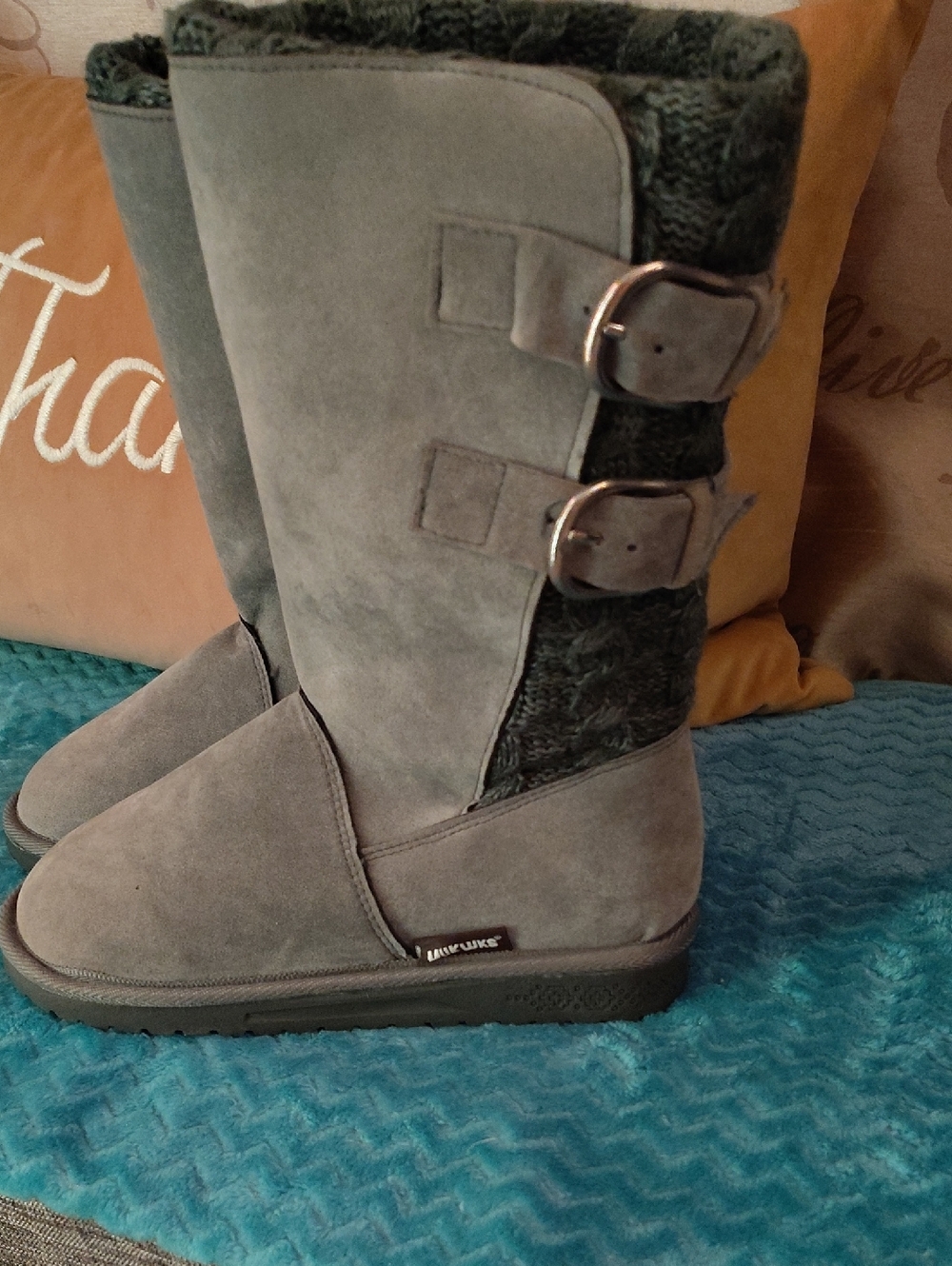 Gray Suede Winter Boots with Buckle Detail